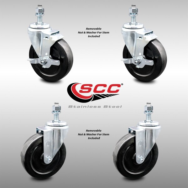 Service Caster 5 Inch SS Hard Rubber Wheel Swivel 12mm Threaded Stem Caster Brakes, 2PK SCC-SSTS20S514-HRS-M1215-2-TLB-2 - main